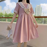 hulianfu Harajuku Sailor Collar Navy Dress Japanese Lolita Sweet Bow-knot Girl Retro Cotton Kawaii Preppy Style Short Sleeve Dress Women