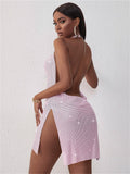 hulianfu Handmade Backless Sequin Metal Mesh Dress Women Chain Halter Rhinestone Chain Slit Night Club Birthday Party Dress Mini