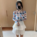 Hulianfu Angel Print Sheer Blue Black Mesh Long Sleeve Blouse Shirts Women Spring Summer Pullovers Elegant Sexy See Through Tops