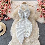 Hulianfu Summer Women Dress Sexy Lace-up Halter Sleeveless Sequins Party Dress High Waist Drawstring Ruched Irregular Backless Club Dress