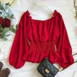 Hulianfu Youth Elegant Blouse Women Chiffon Fashion Blouse Off Shoulder White Shirt Ruffle Puff Sleeve Top Office wear