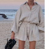 hulianfu Summer Casual Two-piece Suit  Women's Retro Fashion Shorts Suites Shirt High Waist Loose Bohemian Shorts Women's Suit Top