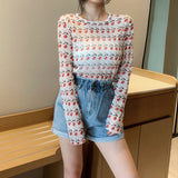 Hulianfu Angel Print Sheer Blue Black Mesh Long Sleeve Blouse Shirts Women Spring Summer Pullovers Elegant Sexy See Through Tops