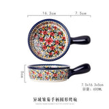 HULIANFU Krusoal Retro Ceramic Handle Salad Bowl Household Oven Breakfast Bake Pan Microwave Bohemia Binaural Soup In-glaze Tableware