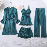 hulianfu Women Pajamas Set Satin 4PCS Sleepwear Bathrobe Striped Nightwear With Lace Soft Intimate Lingerie Casual Homewear