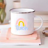 HULIANFU Rainbow Teacher Printed Enamel Mug Creative Retro Coffee Water Cups Drink Dessert Milk Cup Mugs Handle Drinkware Teacher Gifts