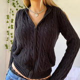 Knitted Sweater Women Hooded Cardigan Cropped Vintage Hoodies Y2K Solid Coat Women Sweater Outwear Long Sleeve Pull Femme