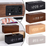 HULIANFU Modern Wooden Wood Digital LED Desk Alarm Clock Thermometer Wireless Charger With Qi Wireless Charging Pad Alarm Clock LED