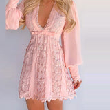 hulianfu Women Sheer Mesh Puff Sleeve Butterfly Lace Dress Women Dress