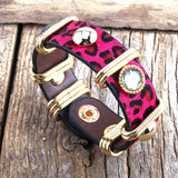 HULIANFU RH Fashion Boho Leather Armbander Goldcolor Metal Rectangle Real Leopard Horsetail Leather Bracelets For Women Gift DropShip