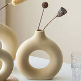 HULIANFU Nordic Vase Circular Hollow Ceramic Donuts Flower Pot Home Living Room Decoration Accessories Interior Office Desktop Decor Gift