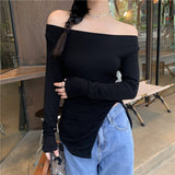 Hulianfu New Women's Slim Off-shoulder Full Sleeve T-shirts Girls Solid Stretchy Irregular Split Tshirt Tops Slash Neck Tees