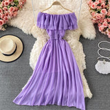 hulianfu Yellow/Purple/White Chiffon Dress Women Sexy Slash Neck Ruffle Robe Elegant Ruffle High Waist Vestidos Female Beach Vacation New