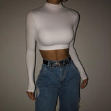 Hulianfu Basic Sheath Women Solid Turtleneck Tshirt Autumn Stretch Casual Undershirt Female All-match Street Activity Crop Tops