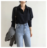 hulianfu Summer New Arrival Women Solid Black Chiffon Blouse Long Sleeve Casual Shirt Women's Korean BF Style Chic Tops Feminina Blusa T0