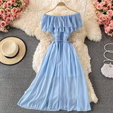 hulianfu Yellow/Purple/White Chiffon Dress Women Sexy Slash Neck Ruffle Robe Elegant Ruffle High Waist Vestidos Female Beach Vacation New