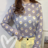 Hulianfu Angel Print Sheer Blue Black Mesh Long Sleeve Blouse Shirts Women Spring Summer Pullovers Elegant Sexy See Through Tops