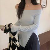 Hulianfu New Women's Slim Off-shoulder Full Sleeve T-shirts Girls Solid Stretchy Irregular Split Tshirt Tops Slash Neck Tees