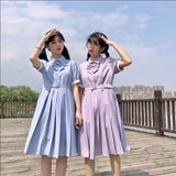 hulianfu Harajuku Sailor Collar Navy Dress Japanese Lolita Sweet Bow-knot Girl Retro Cotton Kawaii Preppy Style Short Sleeve Dress Women
