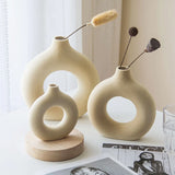 HULIANFU Nordic Vase Circular Hollow Ceramic Donuts Flower Pot Home Living Room Decoration Accessories Interior Office Desktop Decor Gift
