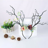 HULIANFU 2023 Christmas Headband Antlers Deer Horns Fairy Tale Flower Tree Branch Retro Hair Hoop Crown Festival Party Props Xmas Costume