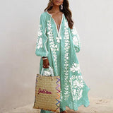 hulianfu Spring Elegant Floral Print Tassel Long Party Dress Vintage Long Lantern Sleeve Ladies Dresses Women V Neck Casual Loose Dress