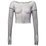 Hulianfu Crystal Diamond See Through Crop Tops Summer Women Hollow Out Beachwear Tops Shiny Sexy Fashion Party Club Top