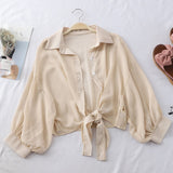 Hulianfu Chiffon Shirts Women Summer Half Sleeve Buttoned Up Shirt Loose Casual Blouse Tied Waist Elegant Blouses For Women