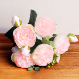 HULIANFU 2023 30cm Rose Pink Silk Bouquet Peony Artificial Flowers 5 Big Heads 4 Small Bud Bride Wedding Home Decoration Fake Flowers Faux