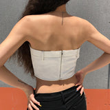 Hulianfu White Strapless Cropped Tube Top Women Sexy Backless Boob Tube Crop Tops Zipper Black Thread Camisole Summer