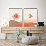 HULIANFU Nordic Desert Boho Canvas Prints Cactus Wall Art Abstract Landscape Sun and Moon Scene Wall Picture for Living Room Home Decor
