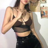 Hulianfu Women Solid Sleeveless Camisole Short Tank Tops Cross Bandages Perspective Short Summer Camis Female Backless Streetwear