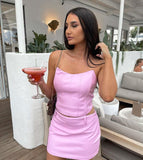Hulianfu High Quality Summer Crop Top Women Fishbone Double Layer Pink PU Leather Sexy Crop Top Fashion Lady Clubwear Party