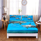 HULIANFU Seafloor Animals Digital Printed 3pc Polyester  Fitted Sheet Mattress Cover Four Corners with Elastic Band Bed Sheet Pillowcases