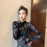 Hulianfu Girls Transparent Corduroy Printing Mesh T-Shirts Tees Female Turtleneck Full Sleeve Tshirt Tops For Women