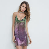 hulianfu Handmade Backless Sequin Metal Mesh Dress Women Chain Halter Rhinestone Chain Slit Night Club Birthday Party Dress Mini