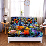 HULIANFU Seafloor Animals Digital Printed 3pc Polyester  Fitted Sheet Mattress Cover Four Corners with Elastic Band Bed Sheet Pillowcases