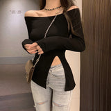 Hulianfu New Women's Slim Off-shoulder Full Sleeve T-shirts Girls Solid Stretchy Irregular Split Tshirt Tops Slash Neck Tees