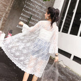 Hulianfu Women Blouse Sun Protection Outerwear Fashion Long Flare Sleeve Mesh Embroidery Thin Loose Party Holiday Maiden Outerwear Sexy