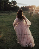 hulianfu  Sweet Dusty Pink Prom Dresses Off Shoulder Long Sleeves Princess Party Dresses Pleated Tulle A-Line Formal Evening Gowns