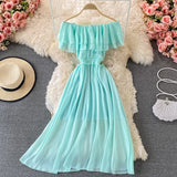 hulianfu Yellow/Purple/White Chiffon Dress Women Sexy Slash Neck Ruffle Robe Elegant Ruffle High Waist Vestidos Female Beach Vacation New