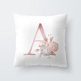 HULIANFU Pink Letter Decorative Floral Pillow Gold Alphabet Cushion for Sofa Polyester Pillowcase Decoration Salon