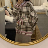 Oversized Hoodie Plaid Pullovers V-Neck Long Sleeve Top Women Loose Korean Fashion Clothing Harajuku Sweatshirt Women Clothing