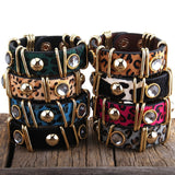 HULIANFU RH Fashion Boho Leather Armbander Goldcolor Metal Rectangle Real Leopard Horsetail Leather Bracelets For Women Gift DropShip