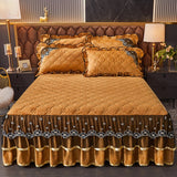 HULIANFU Luxury Super Soft Crystal Velvet Fleece Lace Ruffles Quilted Bed Skirt Mattress Cover Bedspread Pillowcase Bedding Home Textiles