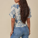 Hulianfu French Vintage Square Collar Puff Sleeve Folds Lace-Up Shirt Zipper Female Floral Print Summer New Fashion Crop Tops Women