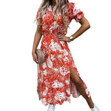 hulianfu Womens Long Dress Summer V-neck Boho Belted Maxi Dress Casual Sexy Party Dress Ladies Bohemian Beach Holiday Sundress