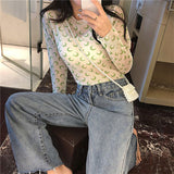 Hulianfu Angel Print Sheer Blue Black Mesh Long Sleeve Blouse Shirts Women Spring Summer Pullovers Elegant Sexy See Through Tops