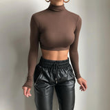 Hulianfu Basic Sheath Women Solid Turtleneck Tshirt Autumn Stretch Casual Undershirt Female All-match Street Activity Crop Tops