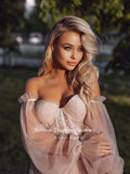 hulianfu  Sweet Dusty Pink Prom Dresses Off Shoulder Long Sleeves Princess Party Dresses Pleated Tulle A-Line Formal Evening Gowns